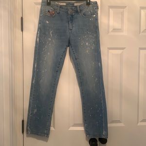 Pilcro and the Letterpress paint splattered and embroidered slim boyfriend jeans